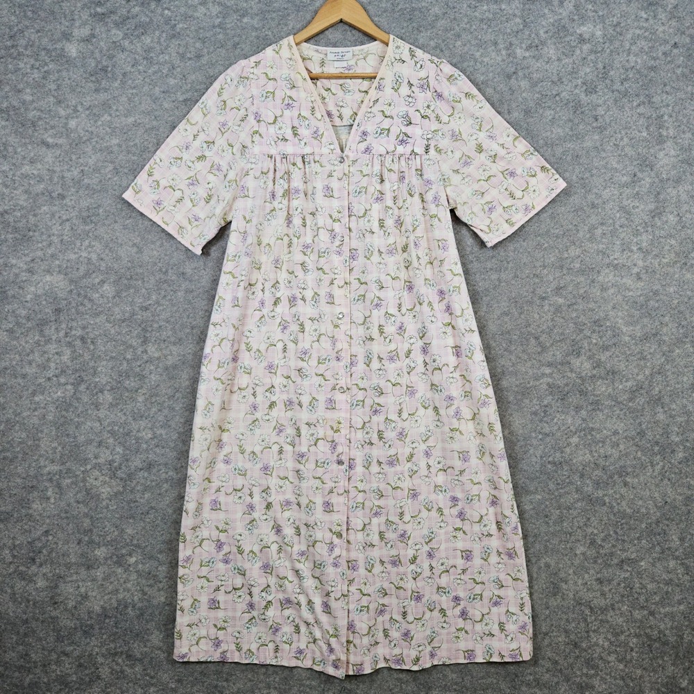 Amanda Stewart Intimates Pearl Snap Housecoat Size L Pink Plaid Floral Vintage
